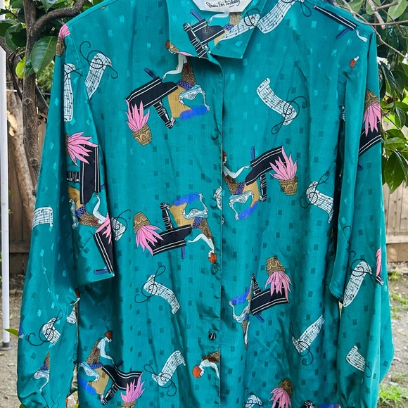 Diane Von Furstenberg Tops - VINTAGE 80s Diane Von Furstenberg DVF Piano Player Art Deco Blouse Teal M